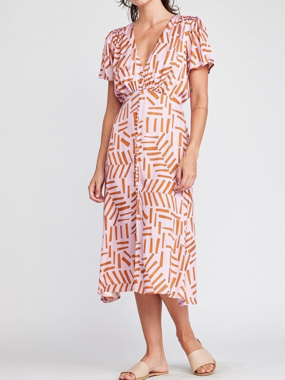 NWT Self Contrast V Neck Pink Midi Dress Size M